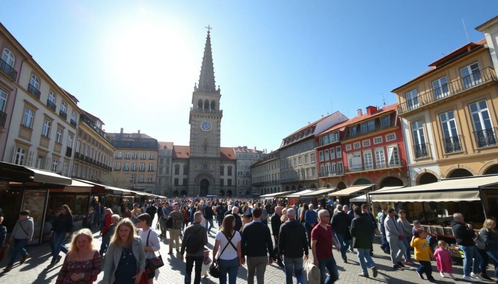 A bustling town square in Porto, Portugal, on a sunny April day. In the foreground, locals and tourists mingle, enjoying street performances and browsing craft stalls. The middle ground features the iconic Clérigos Tower, its baroque spire reaching towards the azure sky. In the background, historic buildings with colorful facades line the cobblestone streets, casting long shadows across the lively scene. The atmosphere is vibrant and inviting, with warm Mediterranean light illuminating the vibrant springtime energy. A wide-angle lens captures the dynamic urban landscape, showcasing the unique architecture and the lively spirit of the city. A bustling town square in Porto, Portugal, on a sunny April day. In the foreground, locals and tourists mingle, enjoying street performances and browsing craft stalls. The middle ground features the iconic Clérigos Tower, its baroque spire reaching towards the azure sky. In the background, historic buildings with colorful facades line the cobblestone streets, casting long shadows across the lively scene. The atmosphere is vibrant and inviting, with warm Mediterranean light illuminating the vibrant springtime energy. A wide-angle lens captures the dynamic urban landscape, showcasing the unique architecture and the lively spirit of the city.