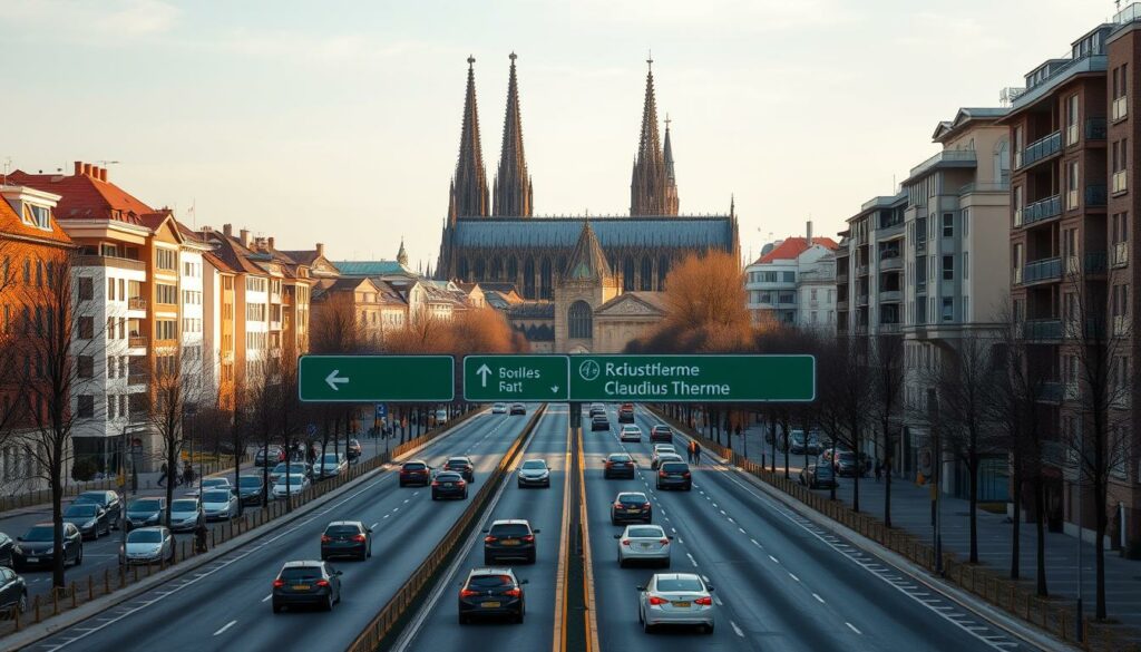 A bustling urban landscape with the iconic Cologne Cathedral in the background, its spires piercing the sky. In the foreground, a wide road leading to the Claudius Therme, with clear signage and well-marked parking spaces along the sides. Cars and pedestrians navigating the area, creating a sense of movement and accessibility. The scene is bathed in warm, golden light, conveying a welcoming and inviting atmosphere. The image should provide a clear visual representation of the accessibility and convenience of reaching the Claudius Therme, encouraging visitors to easily plan their journey and enjoy their relaxing experience in the city.