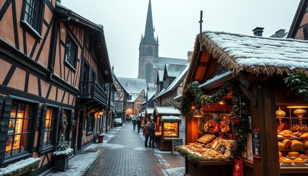 A charming Advent scene in the picturesque Höfen, Quedlinburg. In the foreground, a traditional wooden Christmas market stall with a thatched roof, its warm lights casting a cozy glow. Vendors offer handcrafted ornaments, mulled wine, and freshly baked treats. In the middle ground, snow-dusted half-timbered houses line the cobblestone streets, their windows aglow. Towering in the background, the steepled roofs of the historic Quedlinburg Cathedral stand tall, a testament to the town's medieval heritage. A light snowfall drifts down, evoking a serene, magical atmosphere befitting the joyous Weihnachtsmarkt season.