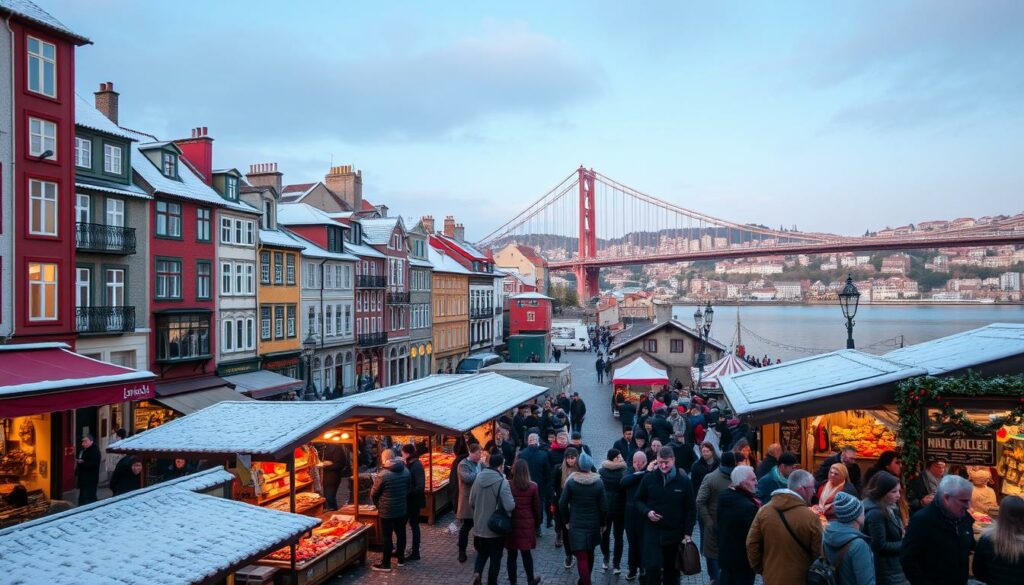 A charming winter scene in the heart of Porto, Portugal. The historic Ribeira district is dusted with a light layer of snow, casting a magical glow over the colorful medieval buildings, cobblestone streets, and quaint cafes. In the foreground, a bustling outdoor market showcases local handicrafts, seasonal produce, and steaming cups of mulled wine. The middle ground features a lively crowd of locals and visitors alike, bundled up in warm coats and scarves, as they browse the festive stalls and enjoy the festive atmosphere. In the background, the iconic Dom Luís I Bridge spans the Douro River, its towering arches silhouetted against a clear, crisp sky. Soft, ambient lighting casts a warm, inviting ambiance over the entire scene, capturing the essence of wintertime celebrations in this charming Portuguese city.
