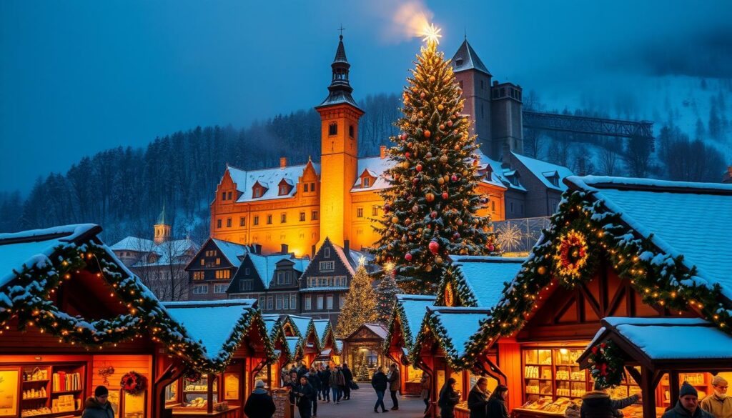 A charming winter scene of the Weihnachtsmarkt Rammelsberg, nestled in the picturesque Harz mountains of Germany. In the foreground, a bustling marketplace filled with quaint wooden stalls adorned with twinkling lights, offering an array of handcrafted gifts, steaming mugs of mulled wine, and the mouthwatering aroma of traditional German treats. In the middle ground, a towering Christmas tree stands tall, its branches laden with glittering ornaments. The background features the historic Rammelsberg mining complex, its majestic buildings dusted with a light layer of snow, creating a magical and enchanting atmosphere. Warm, golden lighting illuminates the scene, casting a cozy glow and evoking the festive spirit of the holiday season.