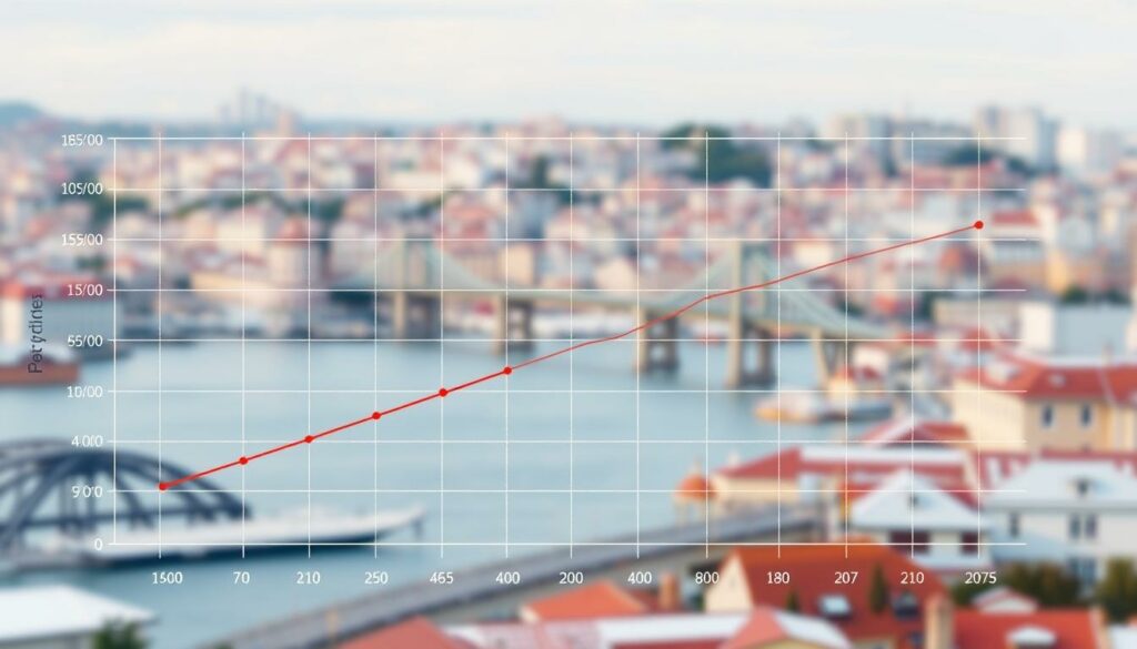 A clear, detailed graph displaying the average daily high and low temperatures in Porto, Portugal during the month of December. The graph is set against a subtly blurred cityscape backdrop, capturing the essence of the city in winter. The foreground features a minimalist, elegant design with labeled axes and gridlines, allowing for easy interpretation of the temperature data. The middle ground showcases a stylized representation of the Atlantic Ocean, hinting at Porto's coastal location. The background subtly incorporates architectural elements, such as the iconic bridges and historic buildings, to reinforce the geographic setting. The overall composition conveys a sense of informative sophistication, suitable for inclusion in the "Porto Wetter Dezember: Temperaturen im Detail" section of the article. A clear, detailed graph displaying the average daily high and low temperatures in Porto, Portugal during the month of December. The graph is set against a subtly blurred cityscape backdrop, capturing the essence of the city in winter. The foreground features a minimalist, elegant design with labeled axes and gridlines, allowing for easy interpretation of the temperature data. The middle ground showcases a stylized representation of the Atlantic Ocean, hinting at Porto's coastal location. The background subtly incorporates architectural elements, such as the iconic bridges and historic buildings, to reinforce the geographic setting. The overall composition conveys a sense of informative sophistication, suitable for inclusion in the "Porto Wetter Dezember: Temperaturen im Detail" section of the article.