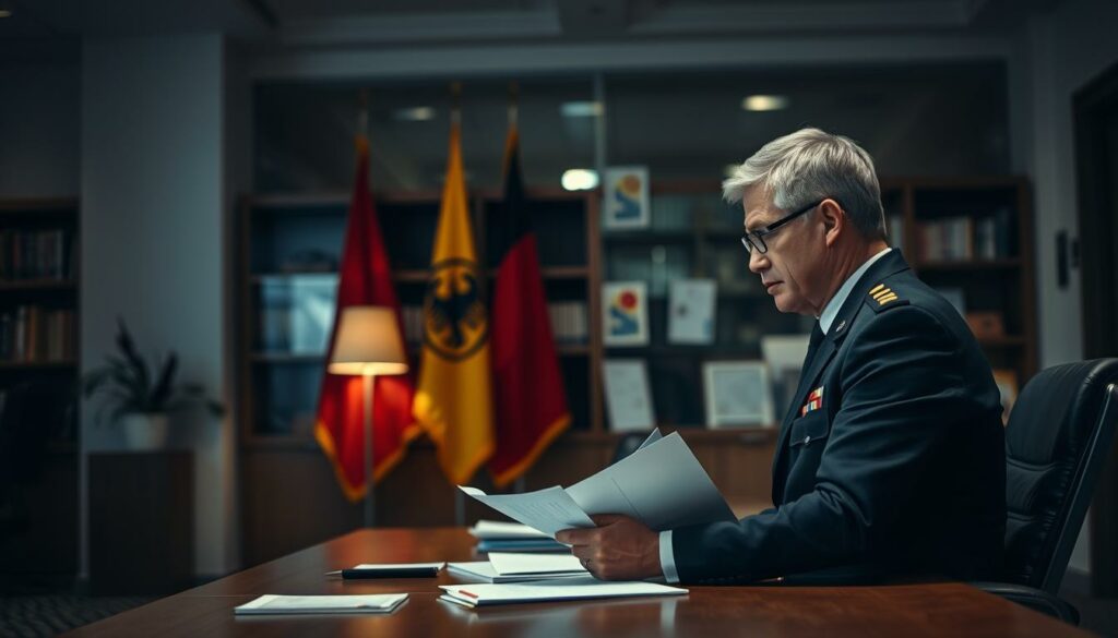 A consular office interior with a warm, professional atmosphere. In the foreground, a uniformed consular officer sitting at a desk, assisting a concerned-looking German citizen with paperwork. The middle ground features German national symbols and flags, conveying a sense of official assistance. The background is softly lit, with bookshelves and discreet security measures, projecting an air of reliable bureaucratic competence. Muted colors, indirect lighting, and subtle details evoke the gravity of the situation, while maintaining a tone of compassionate support.