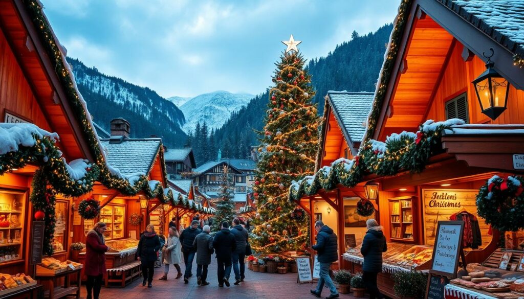 A cozy Christmas market nestled in the picturesque Tegernsee valley, surrounded by the majestic Bavarian Alps. Charming wooden stalls adorned with twinkling lights and festive decorations line the streets, offering an array of handcrafted goods, local delicacies, and steaming mugs of glühwein. In the center, a towering Christmas tree stands as the focal point, its branches laden with shimmering ornaments. Snowflakes drift gently through the air, adding to the magical atmosphere as visitors stroll through the bustling market, taking in the sights, sounds, and scents of the Advent season. A warm, inviting glow emanates from the shops and eateries, beckoning visitors to explore and indulge in the Tegernsee Christmas charm.