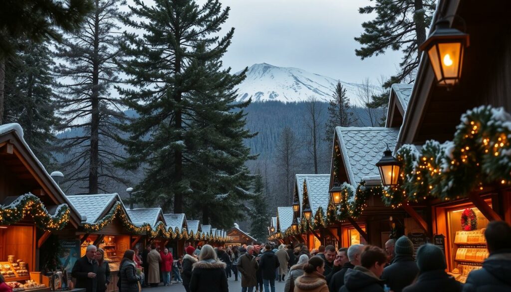 A cozy Christmas market nestled in the picturesque Thuringian Forest, with rows of wooden stalls adorned with twinkling lights and festive garlands. In the foreground, a group of locals and visitors browse the wares, sipping steaming mugs of mulled wine and nibbling on freshly baked gingerbread. Towering pine trees line the market, their branches dusted with a light layer of snow. The soft, warm glow of lanterns illuminates the scene, creating a serene and enchanting atmosphere. A majestic, snow-capped mountain range rises in the distance, completing the idyllic winter wonderland.