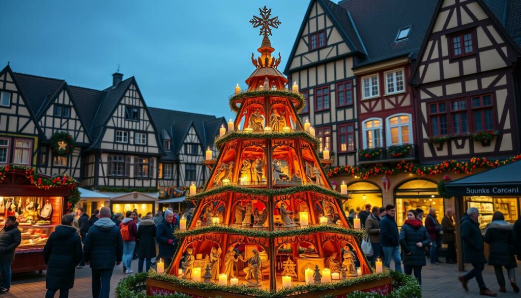A cozy Christmas pyramid illuminated by the soft glow of candles, standing proudly in the center of the Engelke Market in Emden. The intricate wooden structure features delicately carved figures of angels, musicians, and holiday scenes, creating a mesmerizing display. In the background, the historic half-timbered buildings of the market square provide a charming, festive backdrop, as shoppers browse the stalls filled with local crafts and delicacies. The overall scene exudes a sense of warmth, tradition, and the enchanting spirit of the holiday season, perfectly capturing the highlights of the Engelke Market.