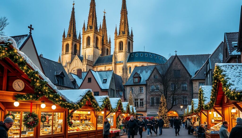 A cozy and festive scene in the historic Erfurt city center, illuminated by the warm glow of Christmas lights and decorations. In the foreground, a charming traditional Weihnachtsmarkt with wooden stalls and vendors selling local crafts, mulled wine, and holiday treats. Towering cathedral spires and medieval architecture rise in the background, their rooftops dusted with a light layer of snow. The streets are bustling with bundled-up locals and visitors, their breath visible in the crisp winter air. An enchanting atmosphere of yuletide cheer and age-old tradition, captured through a wide-angle lens to showcase the grandeur of the Erfurt Innenstadt at Christmastime.