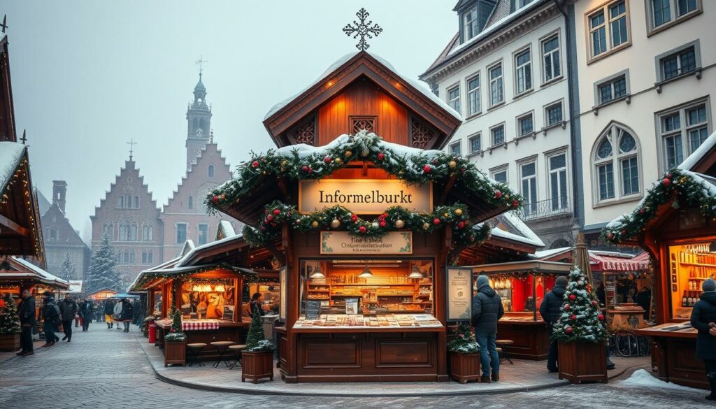 A cozy and inviting Christmas market scene at the Rammelsberg, featuring a central information booth with a warm and festive atmosphere. The booth is made of wood and decorated with garlands, twinkling lights, and seasonal ornaments. In the foreground, there are stalls selling traditional crafts, hot mulled wine, and roasted chestnuts. The middle ground showcases the surrounding historic buildings, with their charming facades adorned with twinkling lights. The background is filled with a gentle snowfall, creating a magical and picturesque winter wonderland. The overall mood is one of festive cheer, inviting visitors to explore the practical information they need to fully enjoy the Weihnachtsmarkt experience.