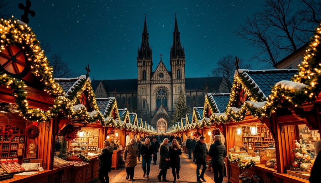 A cozy, festive scene of the Märchenweihnachtsmarkt (Fairy Tale Christmas Market) in Kassel, Germany. In the foreground, intricate wooden stalls adorned with twinkling lights and whimsical decorations sell handmade crafts, local delicacies, and steaming mugs of glühwein. In the middle ground, a grand, medieval-style cathedral stands as the backdrop, its spires reaching towards the starry, night sky. The market is bustling with visitors bundled in warm coats, strolling between the charming booths and admiring the enchanting atmosphere. Soft snowflakes drift gently, adding to the magical ambiance. The entire scene is bathed in a warm, golden glow from carefully placed lighting, creating a cozy, dreamlike quality.