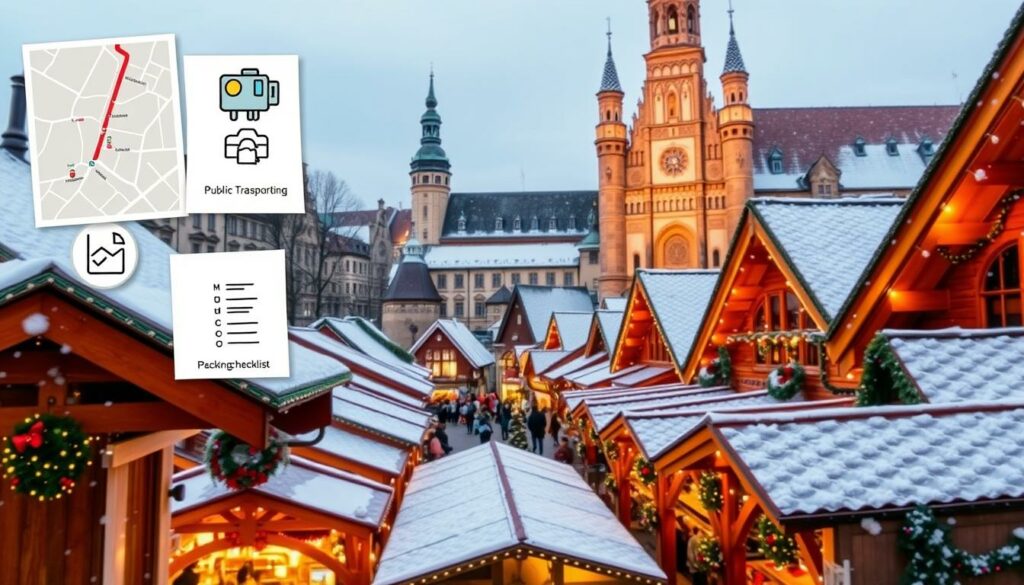 A cozy, festive winter scene showcasing the essential "praktische Informationen" for visiting the Augsburg Christmas Market. In the foreground, a collage of helpful icons and illustrations - a map, public transportation schedule, weather forecast, and packing checklist. In the middle ground, a bustling market square lined with quaint wooden stalls, their roofs dusted with glistening snow. In the background, the iconic architecture of Augsburg's historic city center, bathed in a warm, golden glow from twinkling market lights. The overall mood is one of joyful anticipation, inviting the viewer to plan their enchanting Christmas market experience.