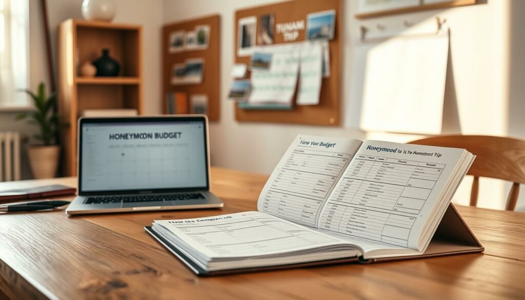 A cozy home office with a wooden desk, a laptop, and a planner open, showcasing a meticulously organized budget for a honeymoon trip. Soft, natural lighting filters through the window, creating a warm, inviting atmosphere. In the background, a cork board displays inspirational travel images and a calendar highlighting important dates. The overall scene conveys a sense of careful planning and financial responsibility, reflecting the prudent approach to budgeting for the upcoming romantic getaway.