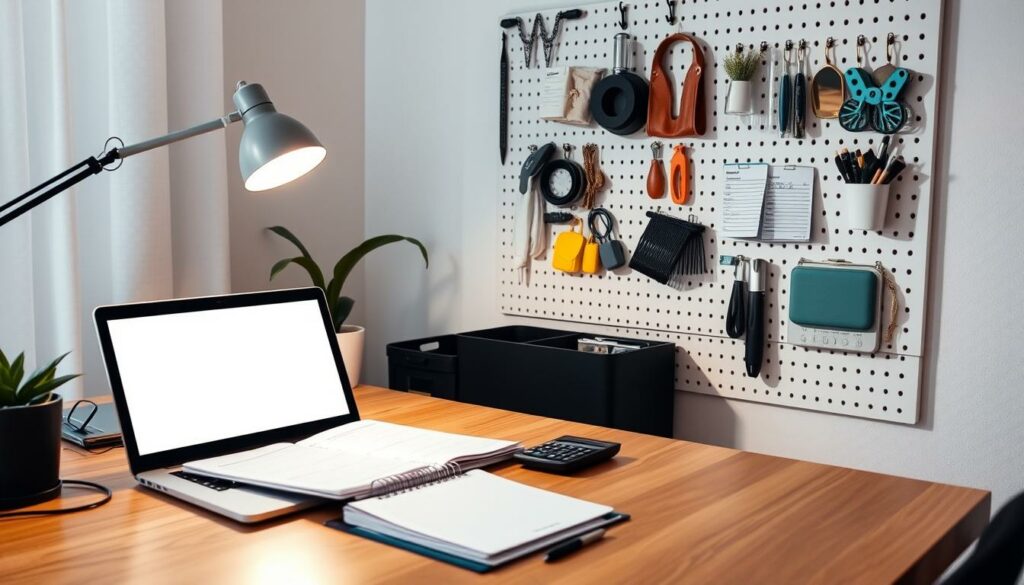 A cozy home office workspace with a modern, minimalist aesthetic. A laptop, planner, and calculator are arranged neatly on a wooden desk, illuminated by soft, warm lighting from a desk lamp. In the background, a wall-mounted pegboard displays various budgeting tools and organization items. The overall atmosphere conveys a sense of thoughtful planning and attention to detail for an upcoming wedding trip.
