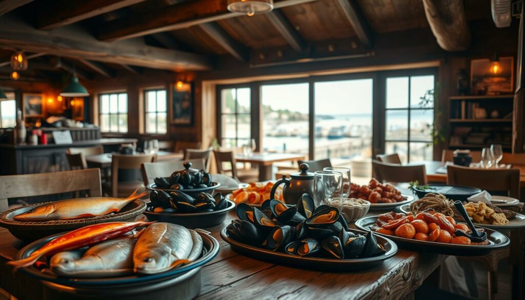 A cozy, intimate atmosphere in the Bretterbude restaurant, showcasing an array of delectable culinary delights. In the foreground, a rustic wooden table is adorned with a selection of local seafood specialties, such as freshly caught fish, steaming mussel pots, and platters of smoked delicacies. Soft, warm lighting casts a golden glow, creating a inviting ambiance. In the middle ground, the interior of the Bretterbude is visible, with its charming, weathered wooden beams and furnishings, evoking a traditional coastal setting. The background features a glimpse of the picturesque harbor town of Büsum, with its quaint buildings and the distant North Sea horizon, hinting at the maritime heritage of the region.