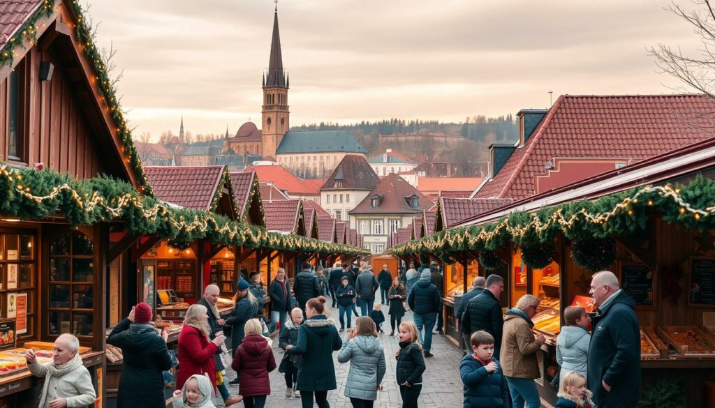 A cozy outdoor Christmas market in a picturesque German town, with rows of charming wooden stalls adorned with twinkling lights and festive decorations. In the foreground, a family-friendly gathering, children playing and adults sipping mulled wine, creating a warm, inviting atmosphere. The middle ground features a variety of stalls offering traditional handcrafted goods, local delicacies, and seasonal treats. In the background, a historic city skyline with a cathedral spire rising above the rooftops, all bathed in a soft, golden glow from the setting sun. The scene conveys the enchanting, magical ambiance of a classic German Märchenweihnachtsmarkt.