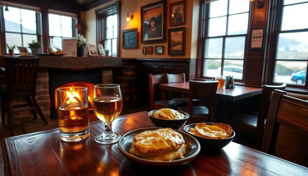 A cozy pub in the heart of Fort William, with a warm fireplace casting a soft glow over the room. On the wooden tables, a glass of golden whisky sits alongside a hearty plate of traditional Scottish fare - perhaps a savory shepherd's pie or a bowl of creamy cullen skink. The walls are adorned with rustic decor and local artwork, creating an inviting, authentic atmosphere. Through the windows, a glimpse of the rugged Highlands can be seen, hinting at the natural beauty that surrounds this charming town. The scene evokes a sense of comfort, tradition, and the leisurely enjoyment of good food and drink in a quintessential Scottish setting.