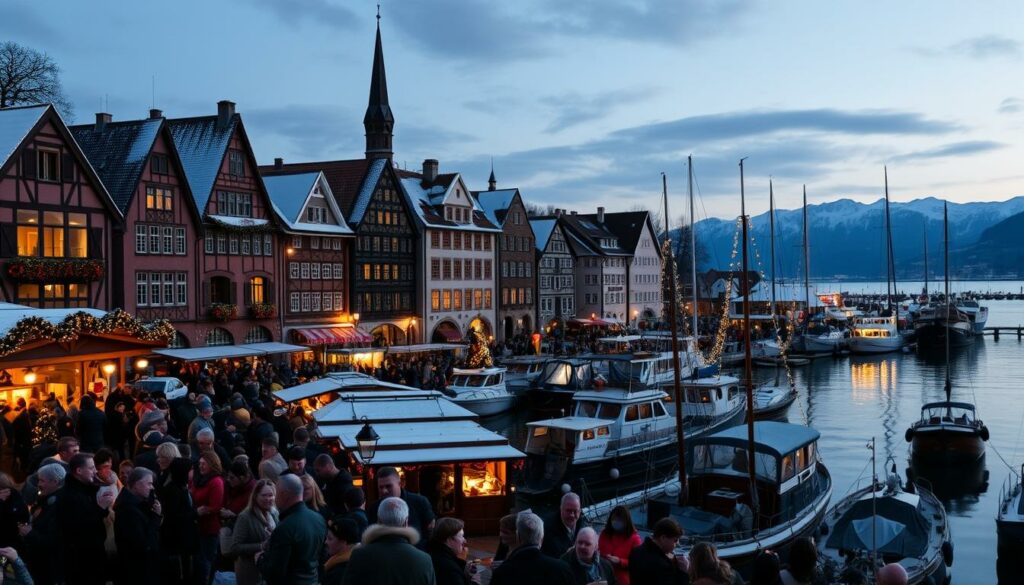 A cozy winter evening at the Lindau harbor, the historic buildings and boats aglow with the warm light of twinkling Christmas markets. The foreground is filled with bustling crowds, sipping mulled wine and browsing handcrafted wares, their laughter and chatter creating a lively atmosphere. In the middle ground, the harbor's picturesque architecture stands tall, its stone and timber facades adorned with festive garlands and twinkling lights. Beyond, the still waters of the harbor reflect the enchanting scene, creating a sense of tranquility and magic. The background is framed by the snow-capped peaks of the distant Alps, their majestic presence adding to the serene and picturesque ambiance. The overall mood is one of festive charm, wintertime wonder, and a deep connection to the local culture and traditions.