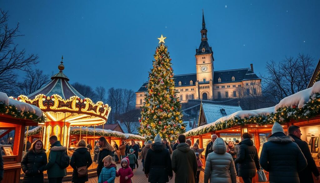 A cozy winter scene at a traditional German Christmas market, with a warm, festive atmosphere. In the foreground, families stroll through rows of charming wooden stalls, browsing handcrafted gifts and local delicacies. Children eagerly await their turn to ride a classic carousel, its vibrant colors and twinkling lights casting a magical glow. In the middle ground, a majestic Christmas tree stands tall, adorned with shimmering ornaments and twinkling lights, drawing the eye upwards to the crisp, starry night sky. In the background, the historic Schwetzingen Castle rises majestically, its elegant architecture framed by a dusting of snow. The scene is illuminated by warm, golden lighting, creating a cozy, inviting atmosphere that captures the spirit of the Christmas season and the delights of a family-friendly Christmas market.
