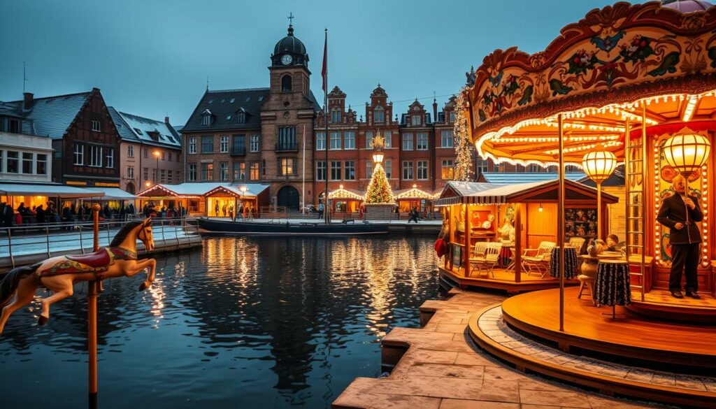 A cozy winter scene at the Drehbrückenplatz in Lübeck's historic harbor. The warm glow of lanterns and festive lights reflects on the still waters, casting a magical atmosphere. In the foreground, a wooden carousel spins gracefully, its colorful horses and ornate details inviting visitors to step back in time. The middle ground features charming wooden stalls selling steaming mugs of mulled wine and traditional handcrafted gifts. In the background, the iconic Holstentor and the silhouettes of historic buildings create a picturesque backdrop, dusted with a light layer of snow. The entire scene is bathed in a soft, golden light, evoking the cozy, enchanting spirit of the Christmas season.