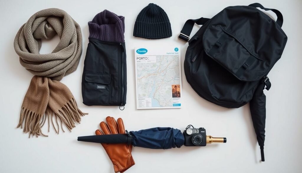 A crisp, overhead shot of a neatly organized collection of essential travel items for a February trip to Porto. In the foreground, a warm wool scarf, leather gloves, and a sturdy umbrella. In the middle ground, a compact, water-resistant jacket, a beanie, and a durable backpack. In the background, a map of Porto, a travel guide, and a small camera. The lighting is soft and diffused, creating a cozy, inviting atmosphere. The composition is balanced and symmetrical, highlighting the practicality and thoughtfulness of the packing essentials. A crisp, overhead shot of a neatly organized collection of essential travel items for a February trip to Porto. In the foreground, a warm wool scarf, leather gloves, and a sturdy umbrella. In the middle ground, a compact, water-resistant jacket, a beanie, and a durable backpack. In the background, a map of Porto, a travel guide, and a small camera. The lighting is soft and diffused, creating a cozy, inviting atmosphere. The composition is balanced and symmetrical, highlighting the practicality and thoughtfulness of the packing essentials.