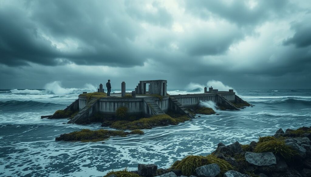 A dilapidated artificial island, half-submerged in the turbulent ocean, its concrete structures crumbling and overgrown with seaweed. In the foreground, a lone figure stands amidst the ruins, gazing out at the horizon as waves crash against the deteriorating seawall. The sky is heavy with storm clouds, casting a somber, foreboding atmosphere over the failed project. The scene is captured through a wide-angle lens, emphasizing the scale of the abandoned endeavor and the power of nature reclaiming its domain. Muted tones of gray, blue, and green convey a sense of decay and the ultimate futility of human attempts to conquer the sea.