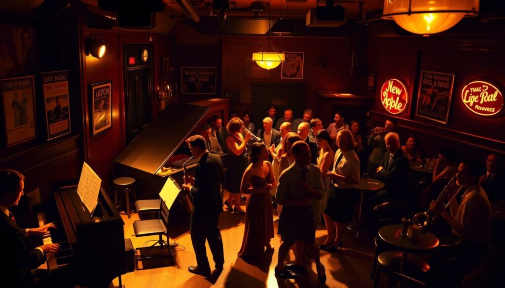 A dimly lit jazz club in New York City, 1930s. The stage is illuminated with warm, amber lighting, casting a soft glow on the musicians. A pianist is at the center, fingers dancing across the keys, while a saxophonist and trumpeter improvise melodies that fill the air. The dance floor is crowded with couples swaying to the rhythm, their silhouettes creating a lively, energetic scene. In the background, patrons sit at small tables, sipping cocktails and immersed in the captivating performance. The walls are adorned with vintage posters and neon signs, adding to the nostalgic atmosphere of this iconic jazz haven. The scene captures the essence of the vibrant music scene that helped popularize the term "Big Apple" in this era.