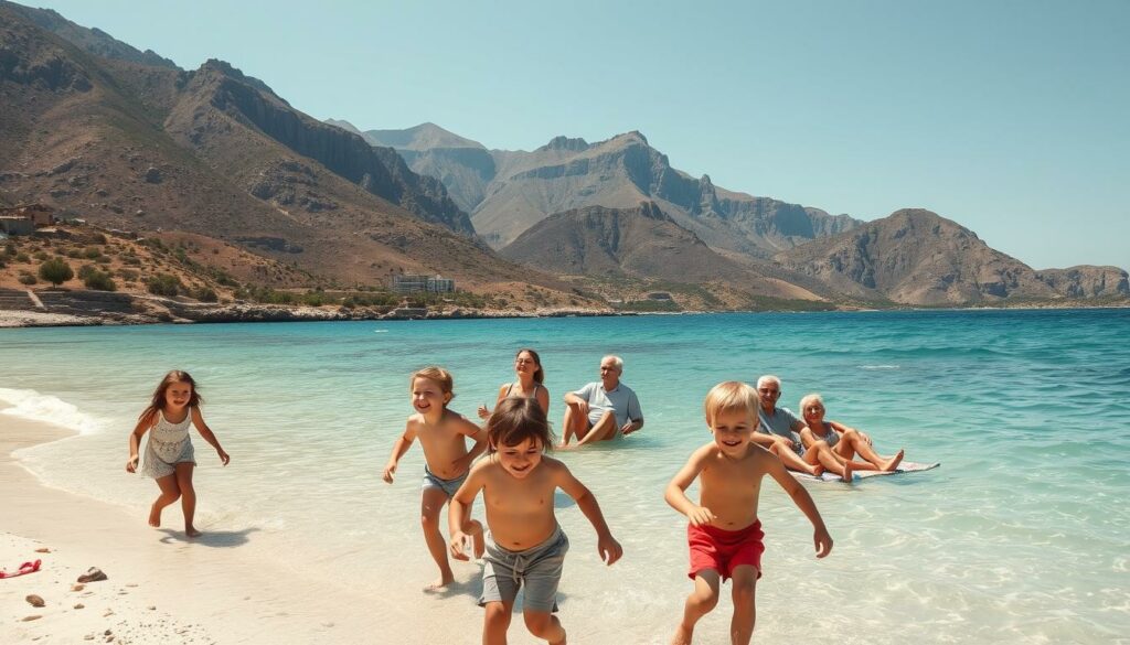 A family exploring the idyllic island of Crete, Greece. In the foreground, a group of children play on a sun-drenched beach, their laughter echoing across the clear, turquoise waters. In the middle ground, parents and grandparents recline on colorful beach towels, taking in the stunning coastal vistas. In the background, rugged mountains rise, their slopes dotted with olive groves and ancient ruins. The scene is bathed in warm, golden light, capturing the relaxed, family-friendly atmosphere of a Cretan adventure. A wide-angle lens and low camera angle emphasize the vastness of the landscape and the joy of this multigenerational outing.