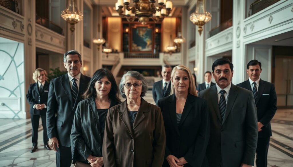 A formal family portrait in the lobby of a luxurious hotel, capturing the key figures involved in the mysterious death incident. In the foreground, the family stands solemnly, dressed in somber attire, faces etched with concern. The middle ground features the hotel staff, their uniforms crisp and professional, expressions guarded. In the background, the grand, opulent lobby with its marble floors, ornate chandeliers, and muted color palette sets the scene. Soft, diffused lighting casts a somber, contemplative mood, while the camera's angle suggests a sense of unease and tension, reflecting the gravity of the situation.