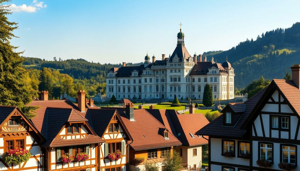 A grand Bavarian palace nestled amidst lush, rolling hills, Schloss Herrenchiemsee stands as a testament to the region's rich cultural heritage. Majestic turrets and ornate facades reflect the opulent grandeur of King Ludwig II's vision, while landscaped gardens and serene lakeside vistas evoke a sense of timeless elegance. Warm, golden sunlight filters through ornate windows, casting a warm glow over the exquisite interiors, adorned with intricate woodcarvings, tapestries, and lavish chandeliers. In the foreground, traditional Bavarian-style buildings with pitched roofs and colorful window boxes add a charming, authentic touch, perfectly complementing the regal splendor of the castle. This captivating scene embodies the essence of Oberbayern's cultural and historical allure, inviting visitors to immerse themselves in the enchanting blend of natural beauty and architectural wonder.
