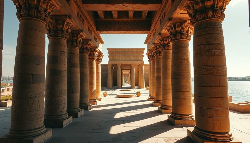 A grand, ancient temple nestled on the picturesque island of Philae, the Isis Temple stands as a testament to the legacy of the Egyptian goddess. Ornate stone columns frame the serene, sunlit courtyard, their intricate carvings casting shadows that dance across the ground. In the distance, the Nile River gently flows, its tranquil waters reflecting the temple's majestic silhouette. The scene is bathed in a warm, golden light, creating an atmosphere of reverence and timelessness. Capture the grandeur and history of this iconic temple, with a wide-angle lens showcasing its imposing scale and the surrounding natural beauty.