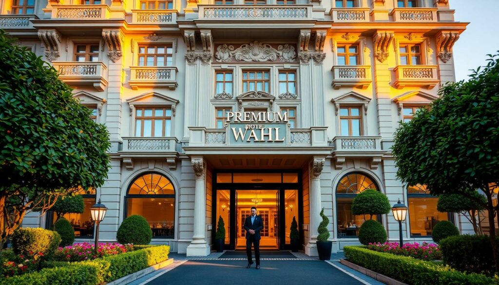 A grand, luxurious hotel facade of Premium Hotel Wahl, bathed in warm, golden light. The building's ornate, neoclassical architecture features intricate facades, columns, and balconies. The entry is framed by lush, manicured gardens with neatly trimmed hedges and flowerbeds. A valet stands ready to greet guests, the hotel's signage prominently displayed. The scene conveys a sense of sophisticated elegance and high-end hospitality, perfectly suited for a premium overnight stay experience.