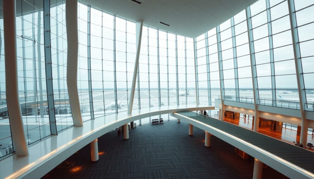 A grand, modern airport terminal with sweeping architectural forms and abundant natural light. Massive glass walls offer panoramic views of the tarmac and distant runways. Soaring ceilings give a sense of spaciousness and grandeur, while clean lines and minimalist decor create an elegant, streamlined aesthetic. Soft, diffused lighting casts a warm, inviting glow throughout the space. Sleek, angular support structures and rhythmic patterns in the flooring and ceiling contribute to the overall visual harmony. The terminal's design seamlessly blends functionality and aesthetic appeal, creating a memorable first or last impression for air travelers.