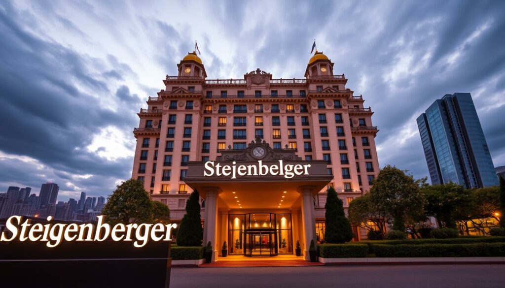 A grand, ornate hotel facade set against a dramatic sky. In the foreground, the prominent signage displays the Steigenberger hotel franchise name in bold, illuminated letters. The middle ground features a meticulously landscaped entrance with a grand portico, columns, and a revolving door inviting guests. The background depicts a panoramic cityscape with towering skyscrapers, hinting at the hotel's urban setting. The lighting is warm and inviting, casting a soft glow across the scene. The composition emphasizes the scale, luxury, and prestige of the Steigenberger brand, conveying a sense of sophistication and hospitality.
