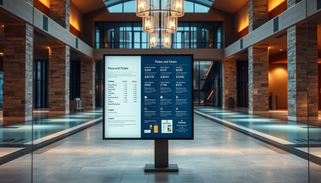 A high-quality image of "Preise und Tickets" for an article about Claudius Therme Köln, with a focus on a section titled "Preise und Tickets: Planen Sie Ihren Besuch". A modern, well-designed information board stands in a spacious, well-lit lobby. The board features a clean, minimalist layout with clear pricing details and ticket options, presented in a visually appealing manner. The lighting is warm and inviting, creating a calming atmosphere. The background showcases the elegant, architectural features of the Claudius Therme, with natural stone and glass elements that blend seamlessly. The overall composition emphasizes the ease of planning a visit, with the information board as the central focus, surrounded by the refined ambiance of the Claudius Therme.