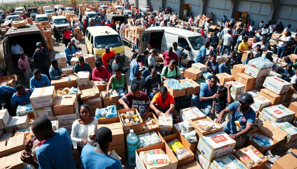 A large group of international aid workers and volunteers diligently assembling and distributing essential supplies to Haitian communities in need. In the foreground, a diverse array of people sort and pack boxes of food, water, and medical equipment. In the middle ground, trucks and vans are being loaded with the provisions. In the background, a bustling scene of logistical coordination, with people on phones and computers organizing the relief efforts. The lighting is bright and natural, capturing the hard work and sense of urgency. The overall mood is one of compassion, determination, and a steadfast commitment to providing vital humanitarian aid to the Haitian people in the aftermath of crisis.
