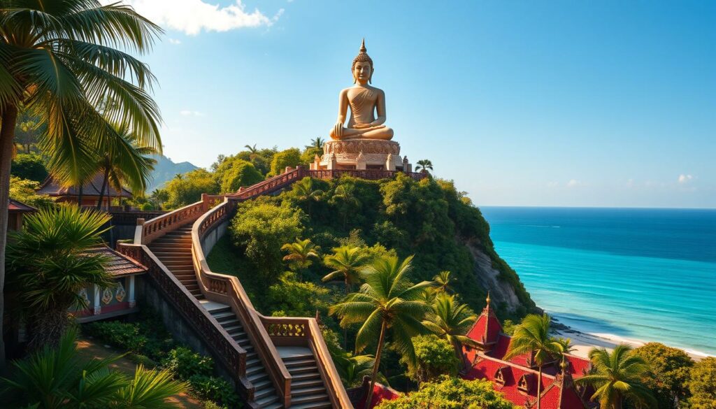 A large, majestic Buddha statue sitting atop a lush, green hill, overlooking the pristine waters of the Gulf of Thailand. The statue is bathed in warm, golden light, creating a serene and awe-inspiring atmosphere. In the foreground, a winding staircase leads up to the statue, surrounded by intricate carvings and ornate architecture. The middle ground features lush tropical foliage, swaying palm trees, and the iconic rooftops of the temple complex. In the distance, the sparkling blue waters of Koh Samui's coastline stretch out, framed by a clear, azure sky. The scene exudes a sense of tranquility, spiritual devotion, and the natural beauty of this iconic Thai landmark.