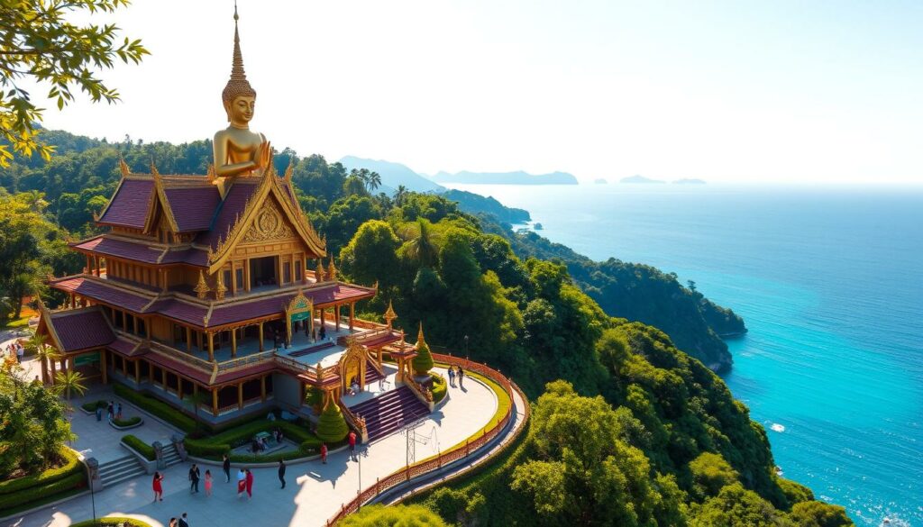 A large, ornate Buddhist temple stands atop a lush, verdant hillside on the tropical island of Ko Samui. The iconic golden Buddha statue rises majestically, its serene expression exuding tranquility. Ornate roofs and intricate carvings adorn the temple's architecture, creating a harmonious blend of Thai and Chinese influences. Sunlight filters through the trees, casting a warm, golden glow over the scene. Worshippers and visitors navigate the serene pathways, immersed in the temple's spiritual atmosphere. In the distance, the shimmering azure waters of the Gulf of Thailand provide a breathtaking backdrop, completing the picturesque landscape.