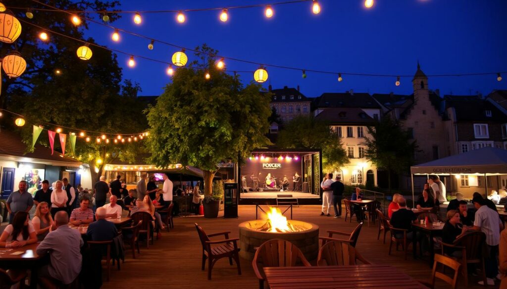 A lively scene unfolds along the picturesque Focker Strom, with guests gathered under the warm glow of string lights and lanterns. In the foreground, a cozy outdoor seating area invites patrons to relax and enjoy the evening festivities. Wooden tables and chairs are arranged around a central firepit, creating a convivial atmosphere. In the middle ground, a stage stands ready for live music or performances, while colorful banners and decorations adorn the surrounding trees and buildings. The background is dotted with historic architecture, giving the setting a charming, old-world ambiance. The overall mood is one of celebration, community, and the embracing of local culture and traditions.
