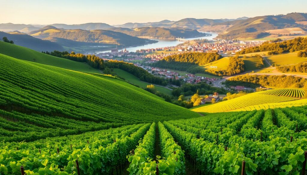 A lush, rolling landscape of verdant vineyards cascading down gentle slopes, their rows of vines bathed in the golden glow of the afternoon sun. In the distance, the majestic Elbe River winds its way through the picturesque Elbtal, its banks dotted with charming villages and historic buildings. The scene is framed by the rolling hills of Saxony, their wooded slopes providing a dramatic backdrop to this quintessential German wine country. The mood is one of tranquility and timeless beauty, inviting the viewer to immerse themselves in the serene splendor of this renowned Weinwanderweg.
