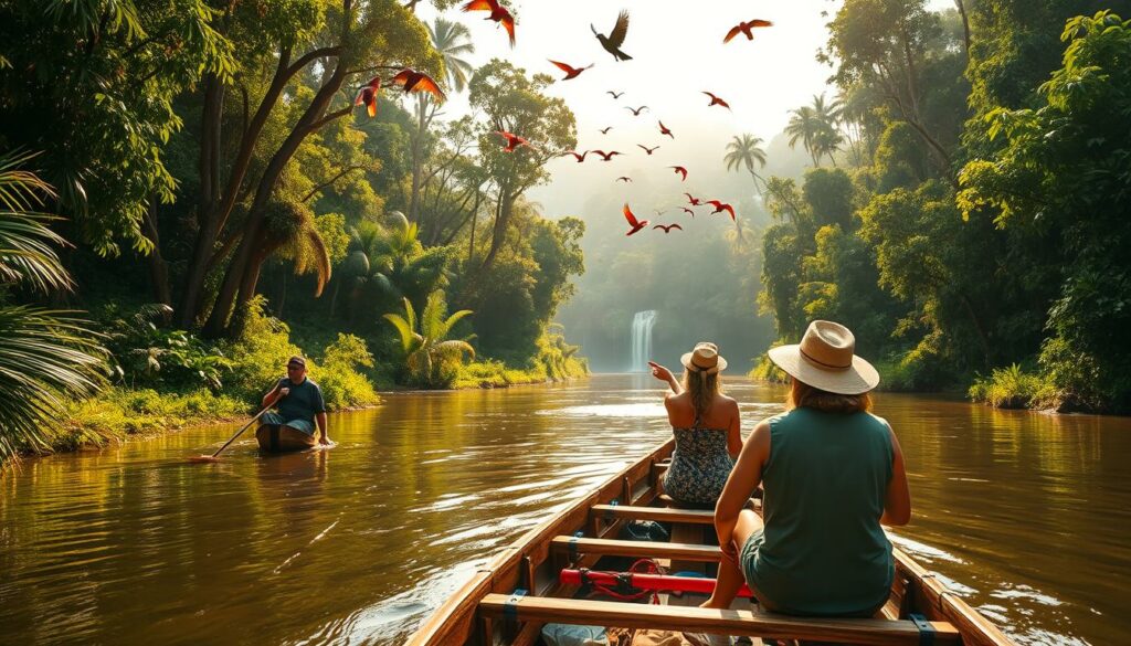 A lush, verdant Amazon rainforest scene in the afternoon sunlight. In the foreground, a group of adventurous travelers paddle a traditional wooden canoe down a winding river, their faces alight with wonder. In the middle ground, a guide points out the vibrant flora and fauna, from towering trees to a flock of vibrant macaws taking flight. The background reveals a diverse ecosystem, with distant waterfalls cascading over mossy cliffs and a hazy, mist-shrouded canopy above. The warm, golden lighting creates a sense of exploration and discovery, capturing the essence of immersing oneself in the Amazon's natural wonders.