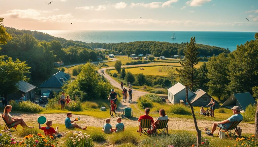 A lush, verdant campsite nestled on the picturesque Ostfrisian Islands. In the foreground, families engage in a variety of outdoor activities - children play frisbee and build sandcastles, while adults lounge in beach chairs, sipping local brews and grilling freshly caught seafood. In the middle ground, hikers traverse winding trails that weave through blooming wildflowers, and cyclists cruise past scenic vistas. The background reveals a glistening blue sea, with sailboats dotting the horizon and seabirds soaring overhead. Warm, golden sunlight filters through wispy clouds, casting a serene, relaxed atmosphere across the entire scene.