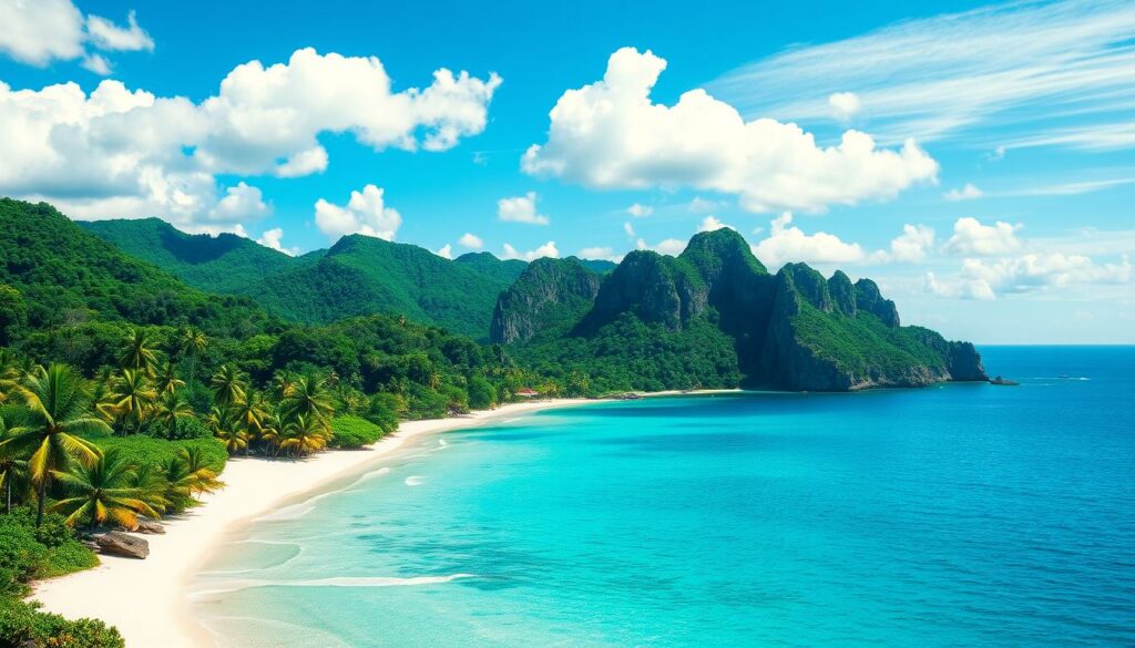 A lush, verdant island paradise in the sun-dappled ocean. In the foreground, a pristine white sand beach curves gracefully, dotted with swaying palm trees. Emerald green hills rise up in the middle ground, cloaked in a tapestry of vibrant foliage. Towering, rugged cliffs jut dramatically from the crystal clear waters, their craggy faces weathered by the elements. Overhead, fluffy white clouds drift across a brilliant azure sky, casting gentle shadows upon the tranquil scene. A sense of serene, untouched beauty permeates the air, inviting the viewer to explore and discover the island's hidden wonders.