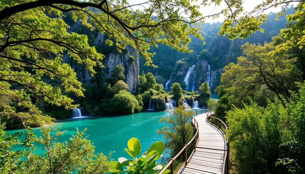A lush, verdant landscape of the Nationalpark Krka in Croatia. The serene, turquoise waters of the Krka River cascade over a series of breathtaking waterfalls, surrounded by towering limestone cliffs and dense, ancient forests. In the foreground, a winding wooden boardwalk leads visitors through the verdant foliage, offering captivating views of the majestic natural wonder. Dappled sunlight filters through the canopy, casting a warm, golden glow over the scene. The composition emphasizes the scale and grandeur of the Krka National Park, inviting the viewer to immerse themselves in its unspoiled, pristine beauty.