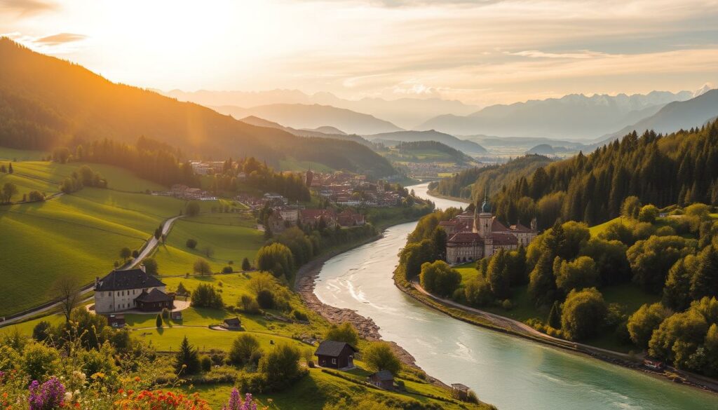 A lush, verdant landscape stretches out, dotted with picturesque villages, medieval castles, and rolling hills. In the foreground, a winding river glistens in the warm, golden light, its banks lined with vibrant wildflowers. Further back, ancient forests give way to snow-capped peaks, their majestic silhouettes framed by a radiant sky. Amidst this breathtaking panorama, historic towns and hidden gems await the intrepid traveler, inviting them to discover the hidden gems that lie beyond the shores of the famous Lake Balaton. A sense of timeless wonder and tranquility permeates the scene, beckoning the viewer to explore the boundless beauty of Hungary's diverse and enchanting destinations. A lush, verdant landscape stretches out, dotted with picturesque villages, medieval castles, and rolling hills. In the foreground, a winding river glistens in the warm, golden light, its banks lined with vibrant wildflowers. Further back, ancient forests give way to snow-capped peaks, their majestic silhouettes framed by a radiant sky. Amidst this breathtaking panorama, historic towns and hidden gems await the intrepid traveler, inviting them to discover the hidden gems that lie beyond the shores of the famous Lake Balaton. A sense of timeless wonder and tranquility permeates the scene, beckoning the viewer to explore the boundless beauty of Hungary's diverse and enchanting destinations.