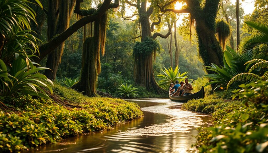 A lush, vibrant rainforest scene during the optimal Amazonas travel season. In the foreground, a small river or stream winds through the dense, verdant foliage, its glimmering waters reflecting the warm, golden sunlight filtering through the thick canopy above. In the middle ground, a group of adventurous travelers paddle a traditional dugout canoe, capturing the essence of the Amazonas adventure. The background features towering, ancient trees draped in vines and lush, exotic flora, creating a sense of immersion in the pristine, untamed wilderness. The lighting is soft and natural, casting a warm, inviting glow over the entire scene and evoking the perfect time of year to experience the wonders of the Amazonas.
