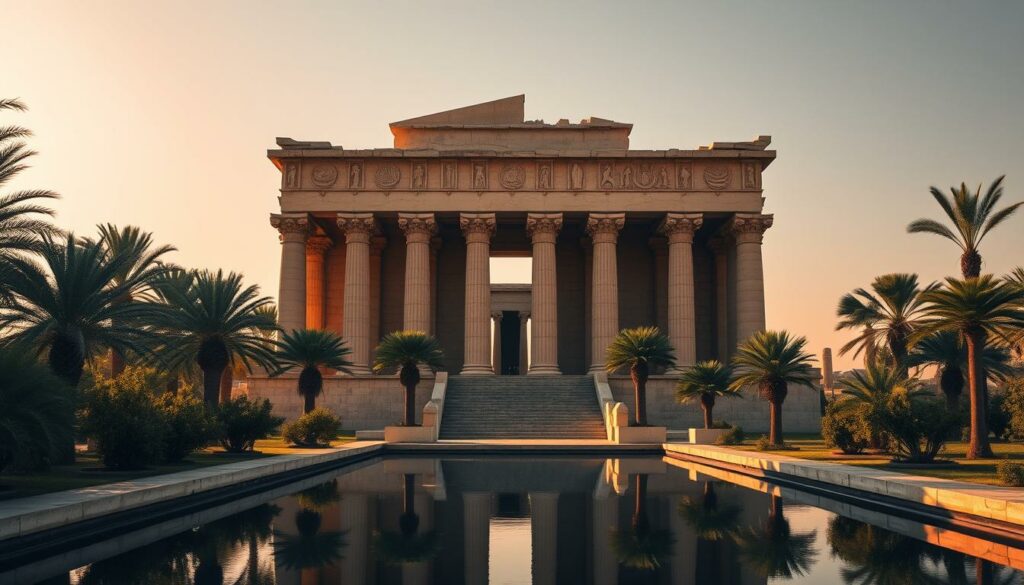 A majestic Greco-Roman temple stands tall, its grand facade adorned with intricate carvings and columns. The structure is bathed in warm, golden light, casting dramatic shadows that accentuate its architectural details. The temple is situated in a lush, verdant setting, with palm trees and other foliage framing the scene. In the foreground, a serene reflecting pool mirrors the temple's imposing form, creating a sense of symmetry and tranquility. The overall atmosphere is one of awe-inspiring grandeur, capturing the essence of the Tempel Isis Architektur and its place within the Tempel von Philae complex.