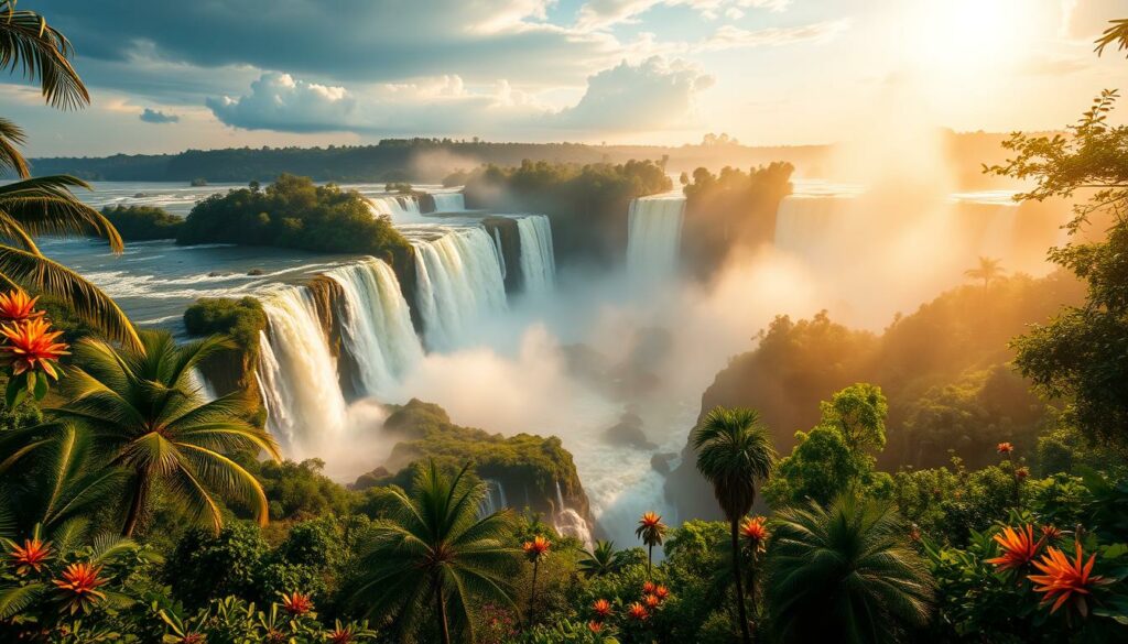 A majestic panorama of the Iguazu Falls, the thunderous cascade of water plunging over the lush, verdant cliffs of the Iguazu River. The sun's golden rays illuminate the misty, billowing spray, creating a shimmering, otherworldly display. Lush, tropical foliage frames the sweeping, horseshoe-shaped waterfall, its powerful, rumbling roar echoing through the dense, green jungle canopy. Towering palm trees and vibrant, exotic flowers dot the scene, conveying the primal, untamed beauty of this natural wonder. The viewer is drawn into the primal, awe-inspiring spectacle, a mesmerizing dance of water, light, and life at the heart of the Amazon rainforest.