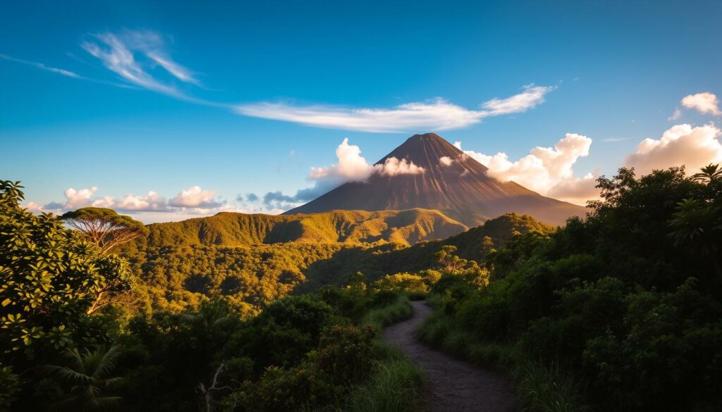A majestic peak rises against a brilliant blue sky, its craggy slopes cascading down into verdant forests. In the foreground, a winding trail leads hikers through the lush vegetation, offering glimpses of the volcanic crater in the distance. Warm afternoon sunlight filters through the canopy, casting a golden glow over the scene. Wispy clouds drift overhead, hinting at the dynamic weather that shapes this dramatic landscape. The Piton de la Fournaise, an iconic landmark of La Réunion, stands as a testament to the island's volcanic origins and the allure of its natural wonders.