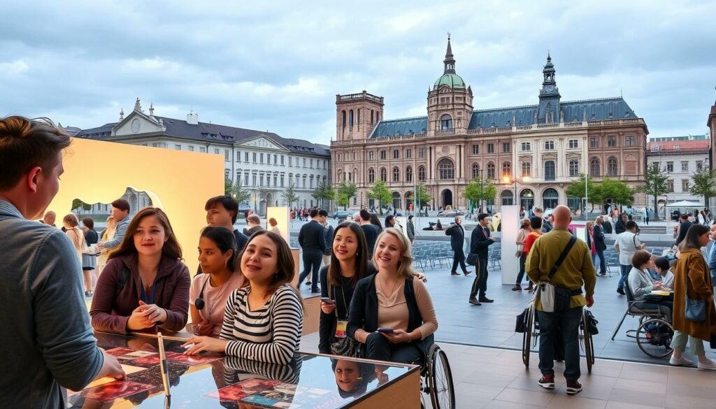 A modern, accessible cultural experience in Munich, showcasing a diverse range of inclusive activities. In the foreground, a group of people with varying abilities engage in an interactive art installation, their expressions conveying a sense of wonder and joy. The middle ground features a well-lit, open-plan event space with ample seating and signage indicating accessibility features. In the background, the historic architecture of Munich's cultural landmarks provides a picturesque backdrop, suggesting a harmonious integration of the old and the new. The overall atmosphere is one of inclusivity, with a focus on ensuring that all individuals can fully participate in and appreciate the city's rich cultural offerings.