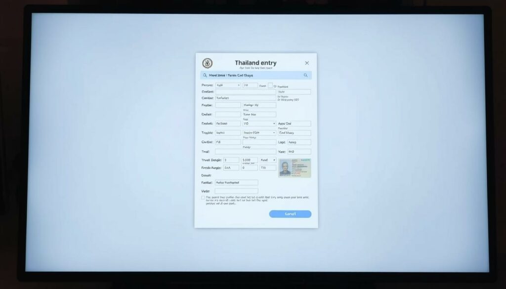 A modern digital interface with a Thailand entry form prominently displayed. The background is clean and minimalist, with subtle gradient effects and muted colors to draw the eye to the central form. The form itself is highly detailed, with fields for personal information, travel details, and visa requirements. The overall mood is professional and efficient, reflecting the step-by-step process of applying for the Thailand entry card. The composition is balanced, with the form taking up the majority of the frame, and the lighting is soft and even, creating a sense of clarity and focus.