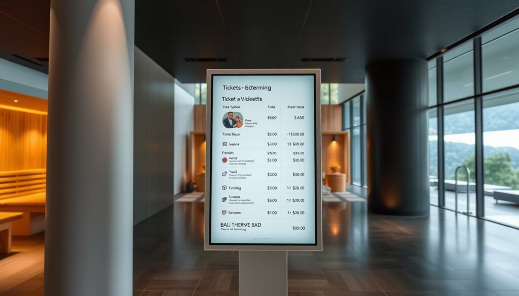 A modern, sleek interior of a high-end spa with a focus on the ticketing options and pricing. The foreground features a clean, minimalist display showcasing various ticket types and pricing information, presented on a large, interactive screen with a touch interface. The middle ground depicts the spa's luxurious sauna facilities, with warm, ambient lighting and a cozy, inviting atmosphere. The background showcases the spa's elegant architecture, with floor-to-ceiling windows offering a panoramic view of the lush, natural surroundings. The overall scene conveys a sense of refined sophistication and attention to detail, reflecting the premium offerings of the Bali Therme Bad Oeynhausen.